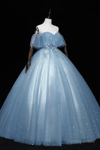 Blue Tulle Lace Long Prom Dress, A Line Off the Shoulder Prom Dresses