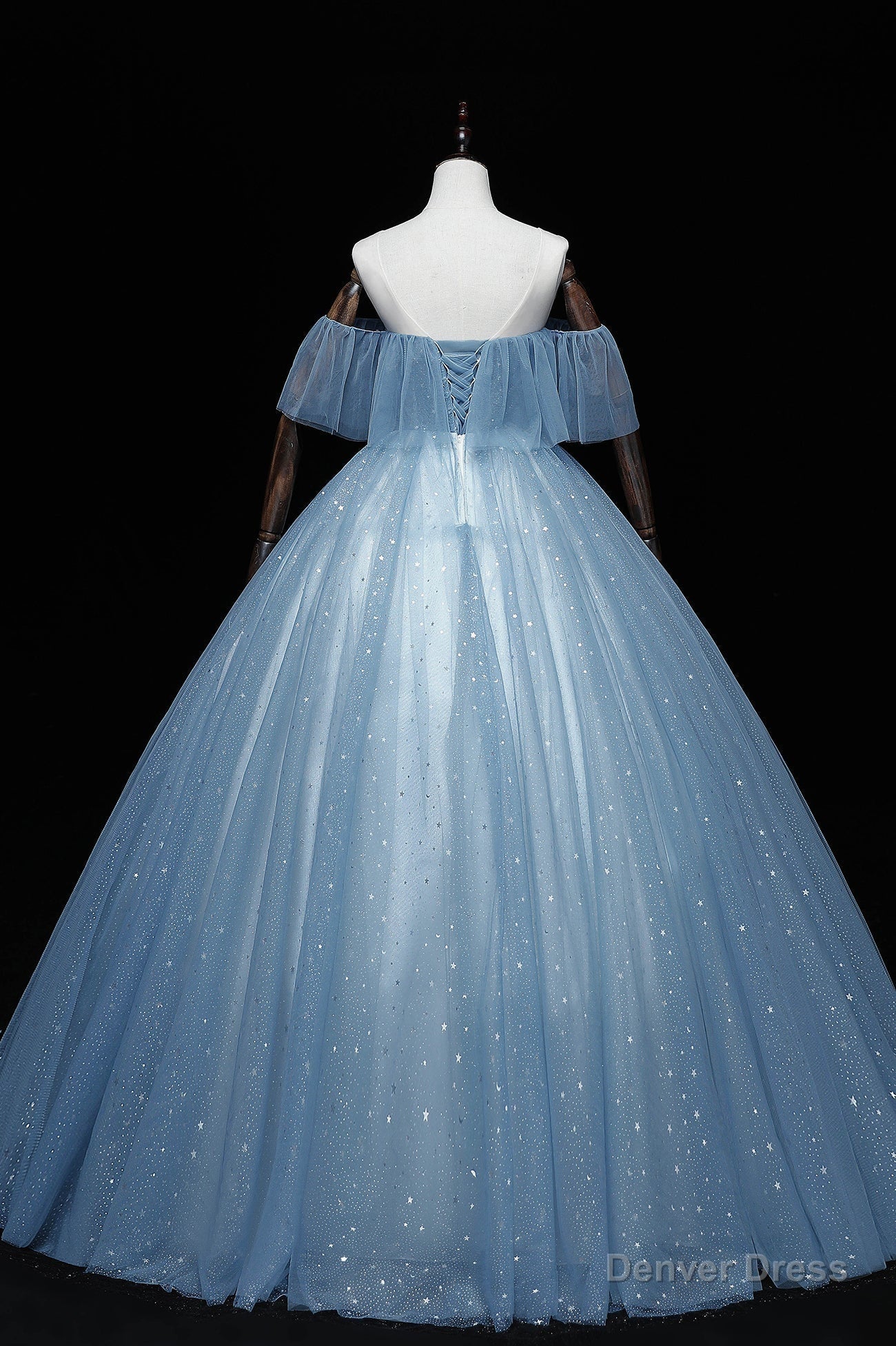 Blue Tulle Lace Long Prom Dress, A Line Off the Shoulder Prom Dresses