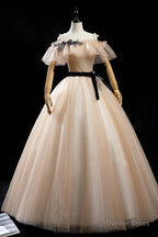 Champagne Tulle Long Prom Dress, A Line Princess Prom Dresses