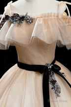 Champagne Tulle Long Prom Dress, A Line Princess Prom Dresses