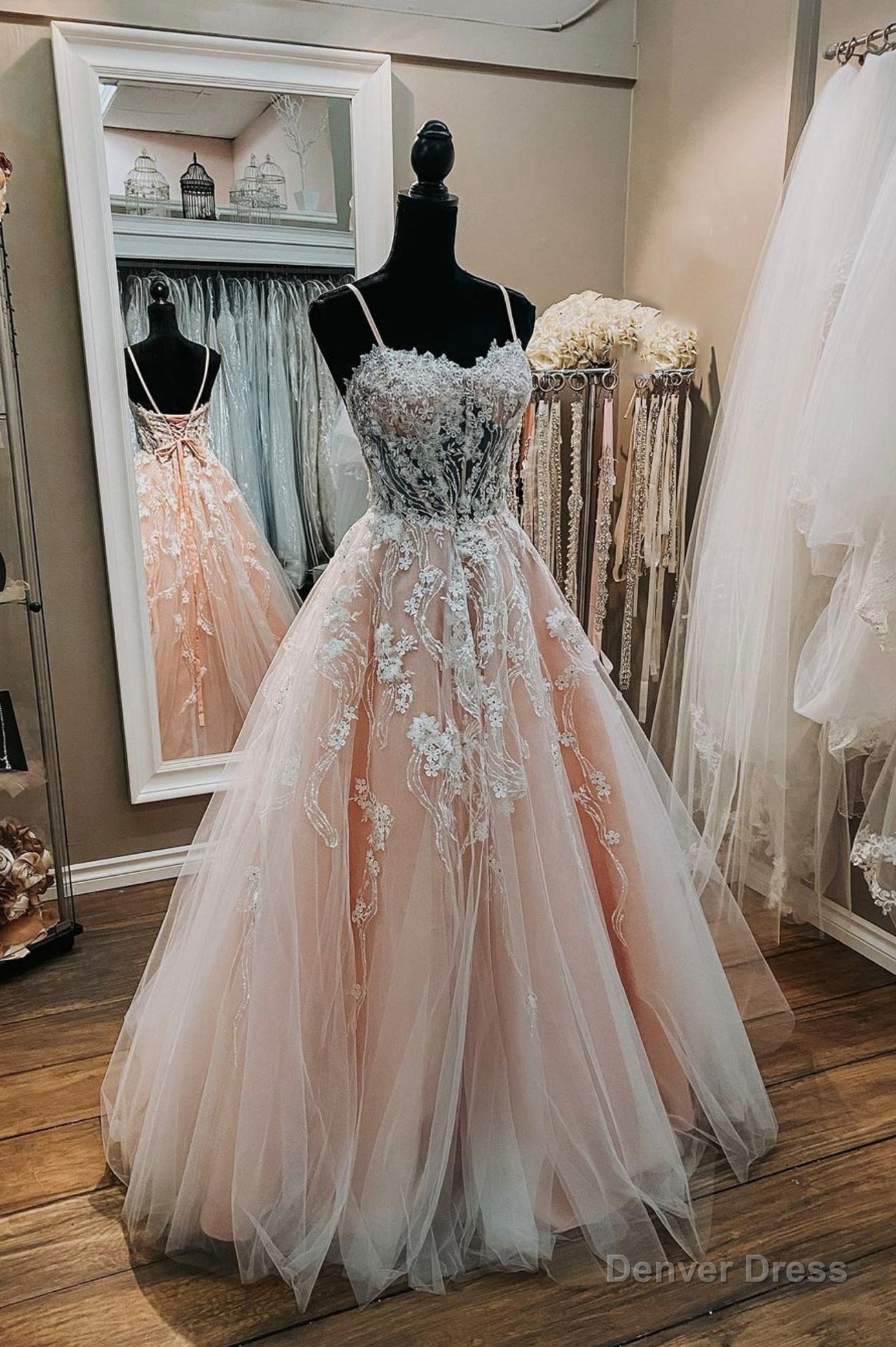 Pink Sweetheart Neck Lace Long Prom Dress, A Line Prom Dresses