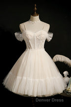 Cute Spaghetti Strap Lace Short Prom Dress, A Line Prom Dresses