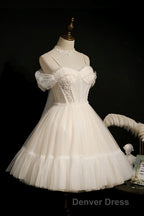 Cute Spaghetti Strap Lace Short Prom Dress, A Line Prom Dresses