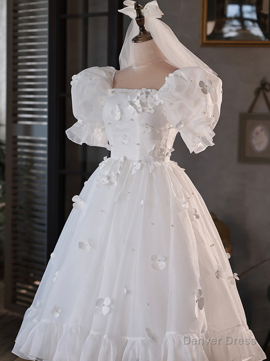 White Tulle Short A-Line Prom Dress, Cute Puff Sleeve Party Dress Secondary image
