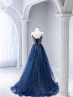 Blue Tulle Beaded Long Prom Dress, A Line Spaghetti Strap Prom Dresses