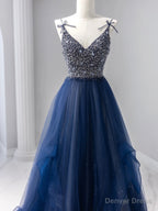 Blue Tulle Beaded Long Prom Dress, A-Line Spaghetti Strap Formal Evening Dress