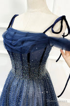 Blue Long Tulle Beaded Prom Dress, Blue Evening Party Dress