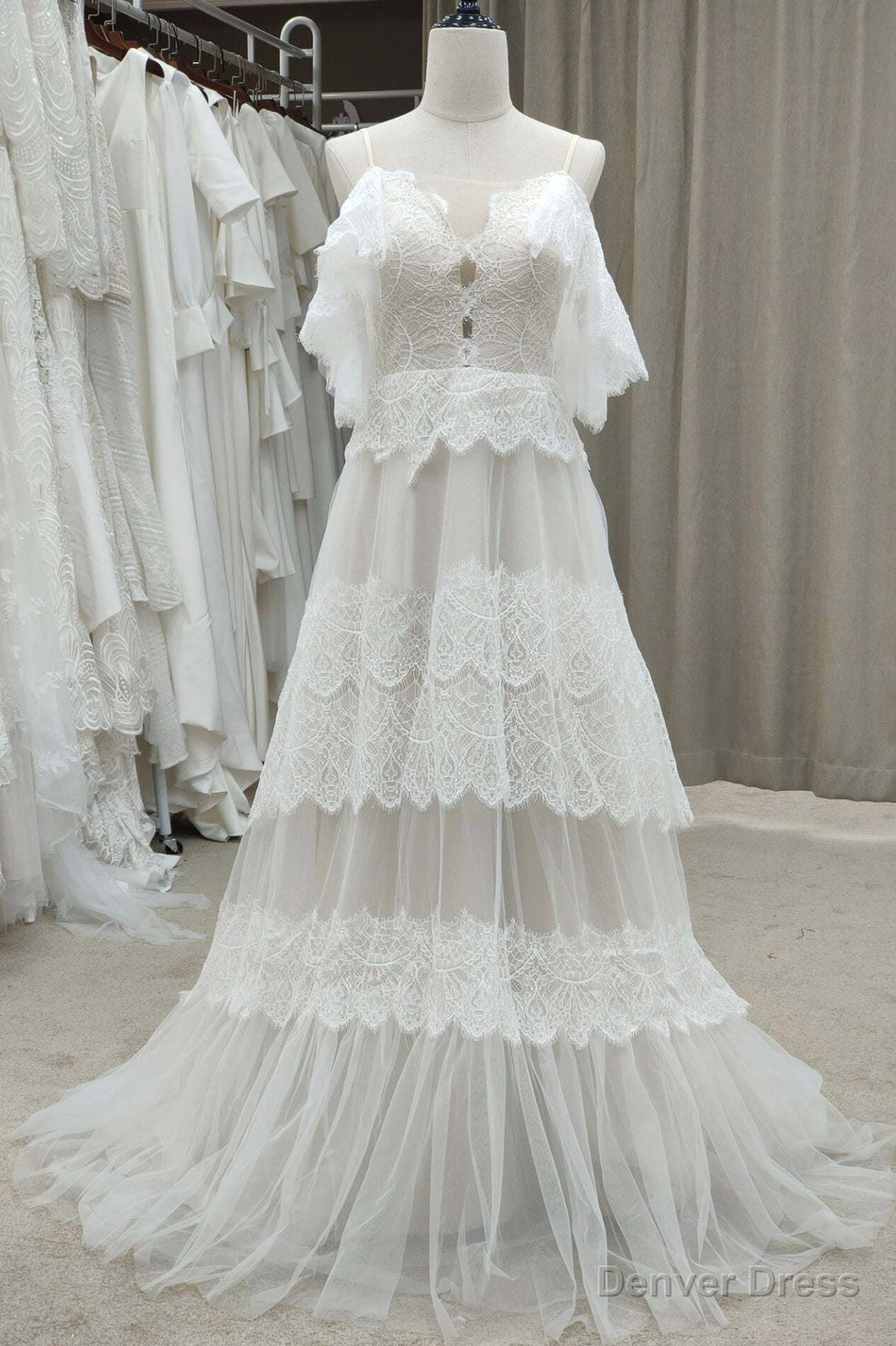Ivory Spaghetti Straps Tulle Lace Long Prom Dress, A Line Prom Dresses Main image