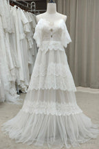 Ivory Spaghetti Straps Tulle Lace Long Prom Dress, A Line Prom Dresses