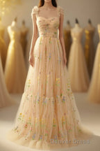 Champagne Lovely Tulle Lace Long Prom Dress, Champagne Prom Dresses