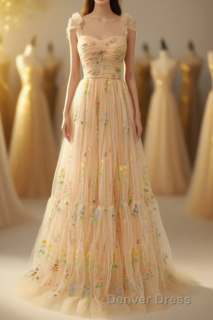 Champagne Lovely Tulle Lace Long Prom Dress, Champagne Prom Dresses