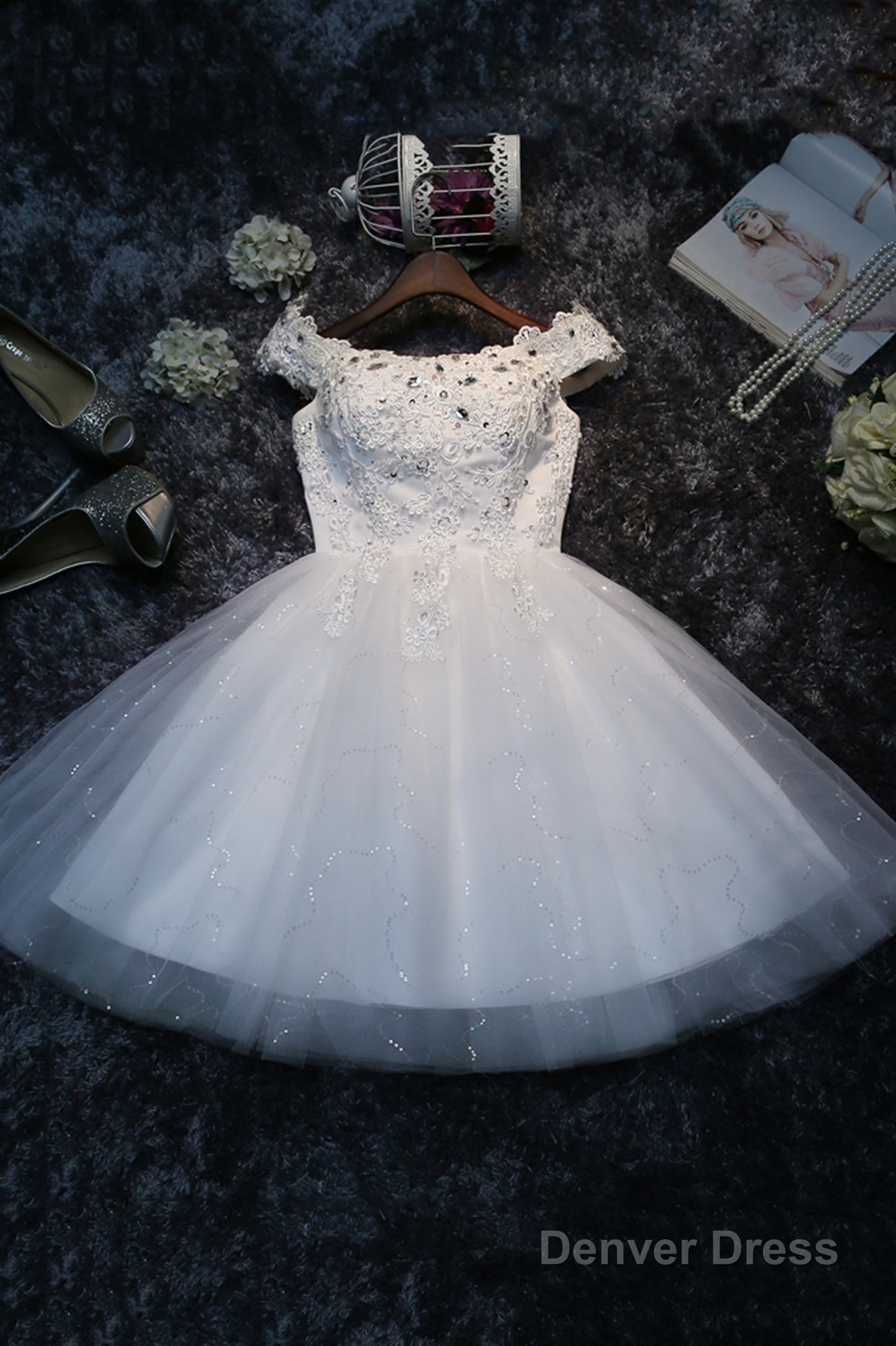 Cute Lace Short A Line Prom Dress, Off the Shoulder Prom Dresses Secondary image