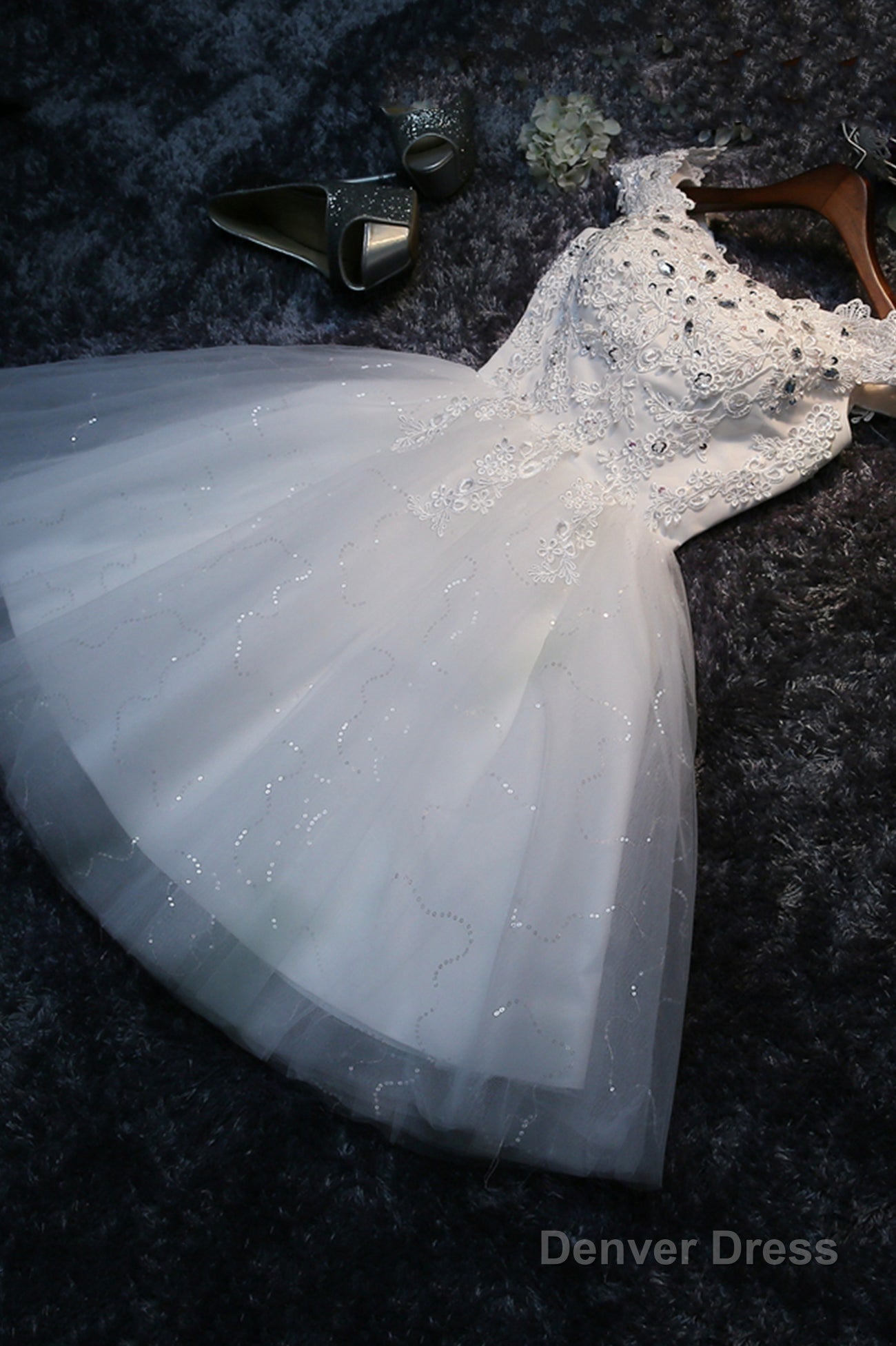 Cute Lace Short A Line Prom Dress, Off the Shoulder Prom Dresses