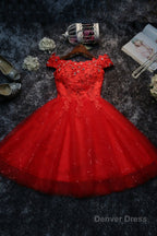 Cute Lace Short A Line Prom Dress, Off the Shoulder Prom Dresses