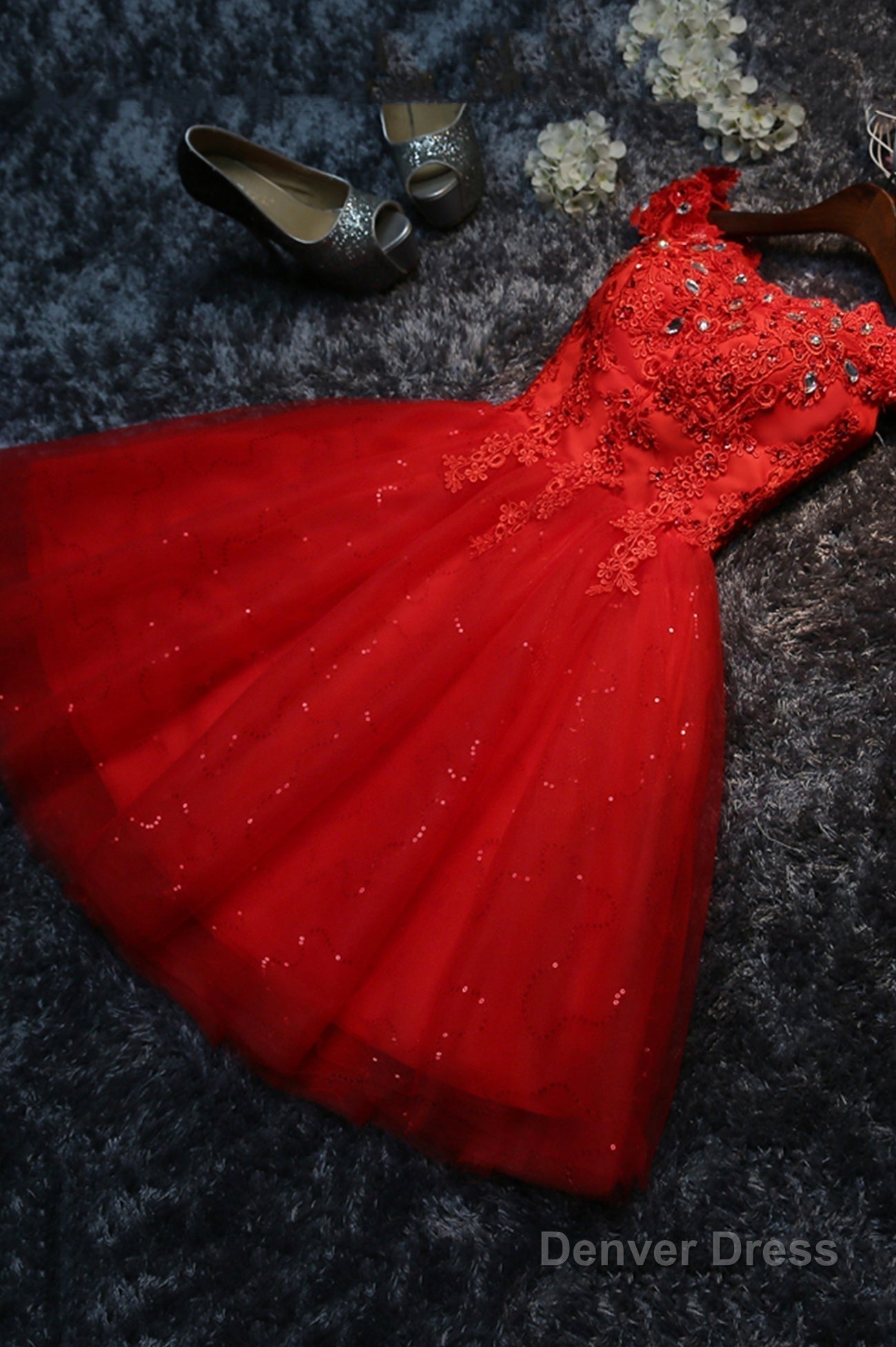 Cute Lace Short A Line Prom Dress, Off the Shoulder Prom Dresses
