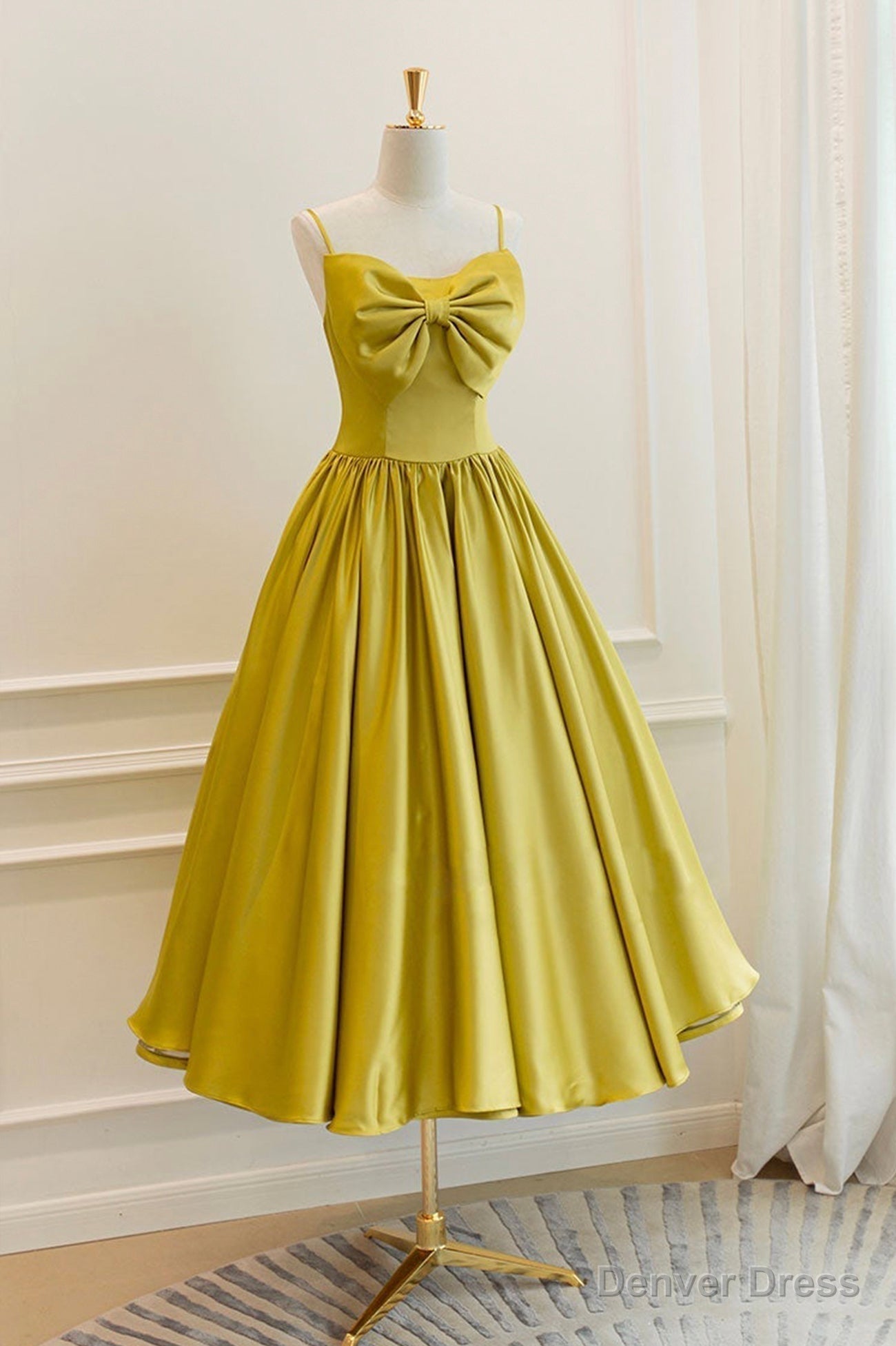 Yellow Satin Short Prom Dress, Cute A Line Bow Homecoming Dresses