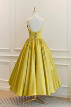 Yellow Satin Short Prom Dress, Cute A Line Bow Homecoming Dresses