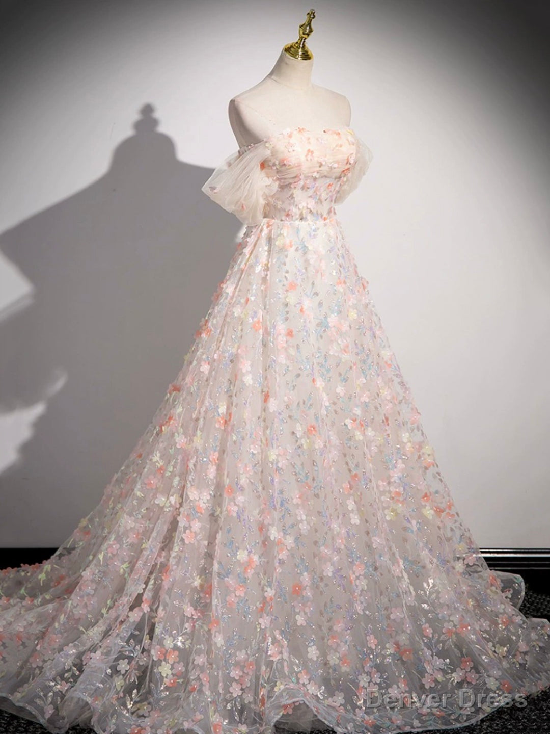 Lovely Three-dimensional Floral Floor Length Prom Dress, Off the Shoulder Evening Party Dress