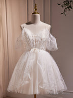 Ivory V Neck Beaded Straps Prom Dress, Ivory Knee Length Prom Dresses