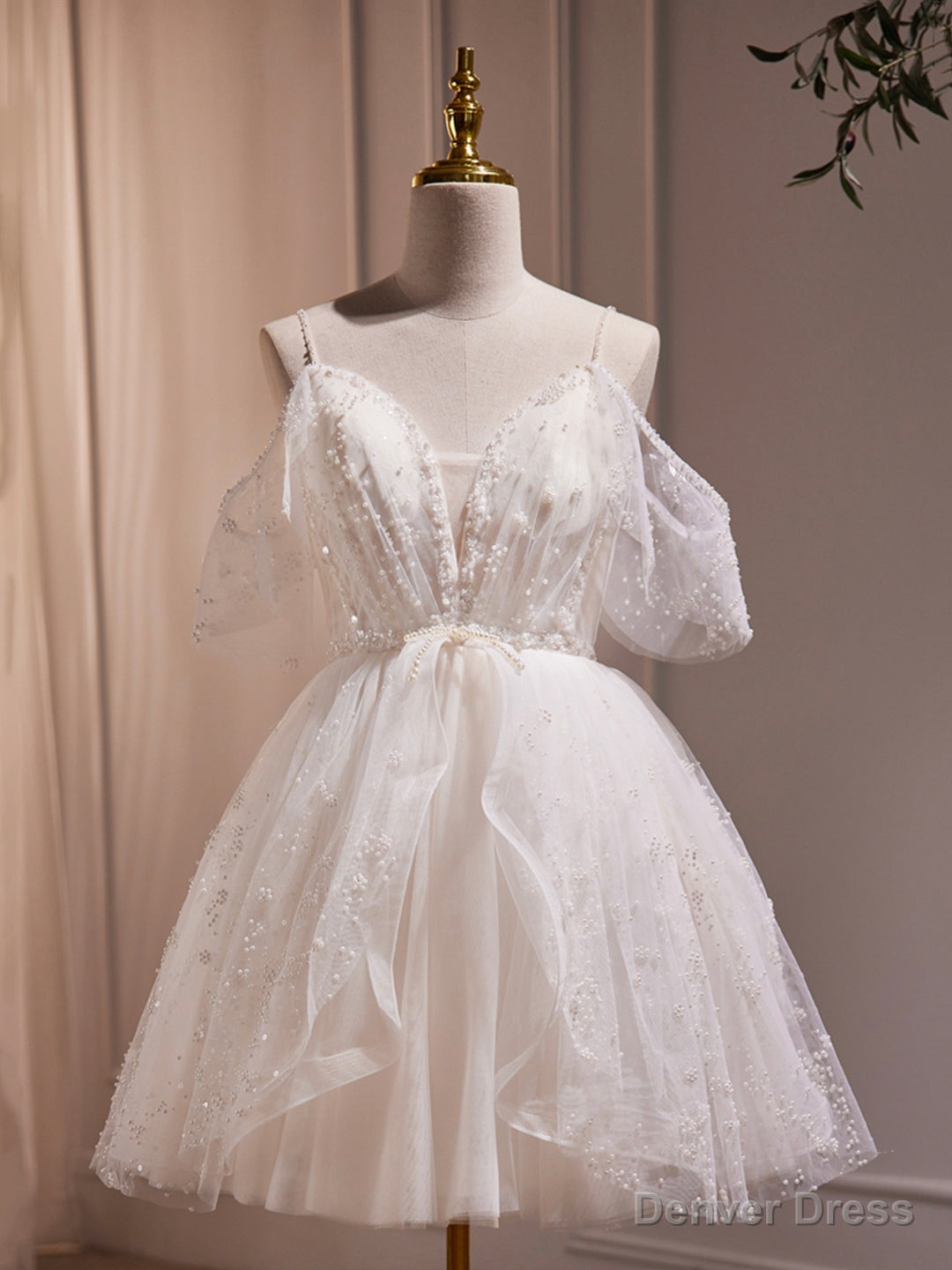 Ivory V Neck Beaded Straps Prom Dress, Ivory Knee Length Prom Dresses