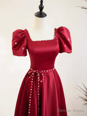 Burgundy Satin Short Sleeve Floor Length Prom Dress, Burgundy Evening Dress with Pearls