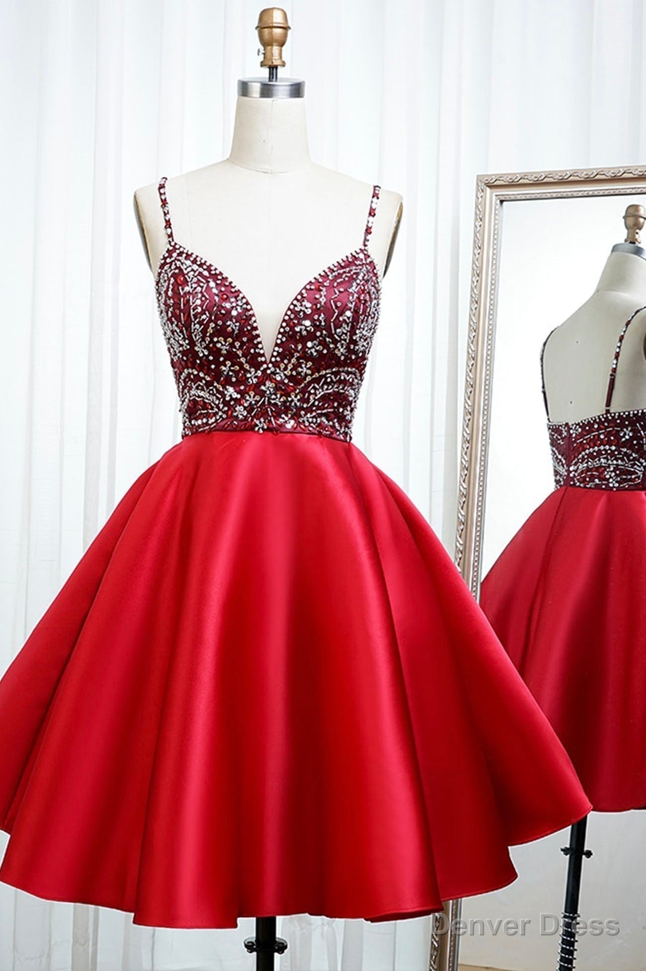 Red Satin Beading Short Prom Dress, A Line Homecoming Dresses Main image