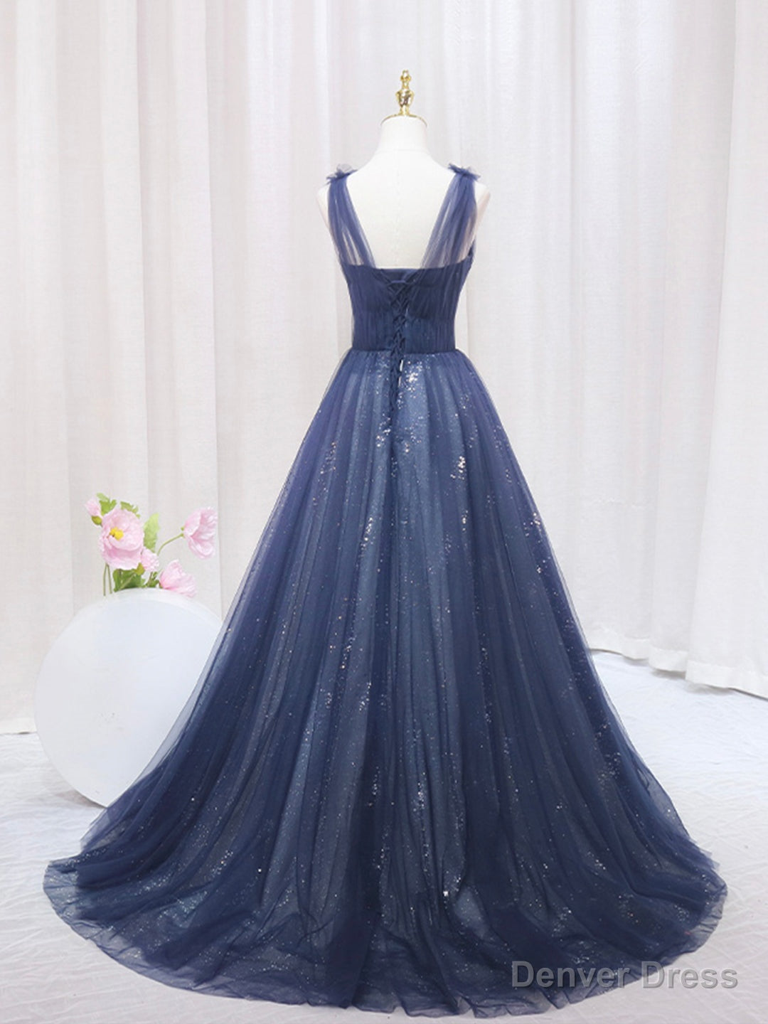 Blue Tulle Beaded Long Prom Dress, Blue Evening Party Dress Secondary image