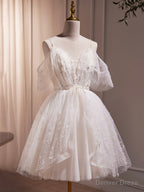 Ivory V Neck Beaded Straps Prom Dress, Ivory Knee Length Prom Dresses