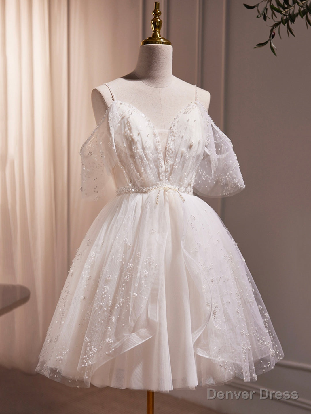 Ivory V Neck Beaded Straps Prom Dress, Ivory Knee Length Prom Dresses
