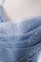 Blue Tulle Long A-Line Prom Dresses, Blue Spaghetti Strap Evening Dresses