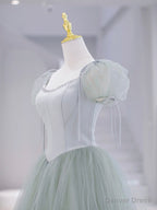 Green Tulle Floor Length Prom Dress, Green Short Sleeve Evening Party Dress
