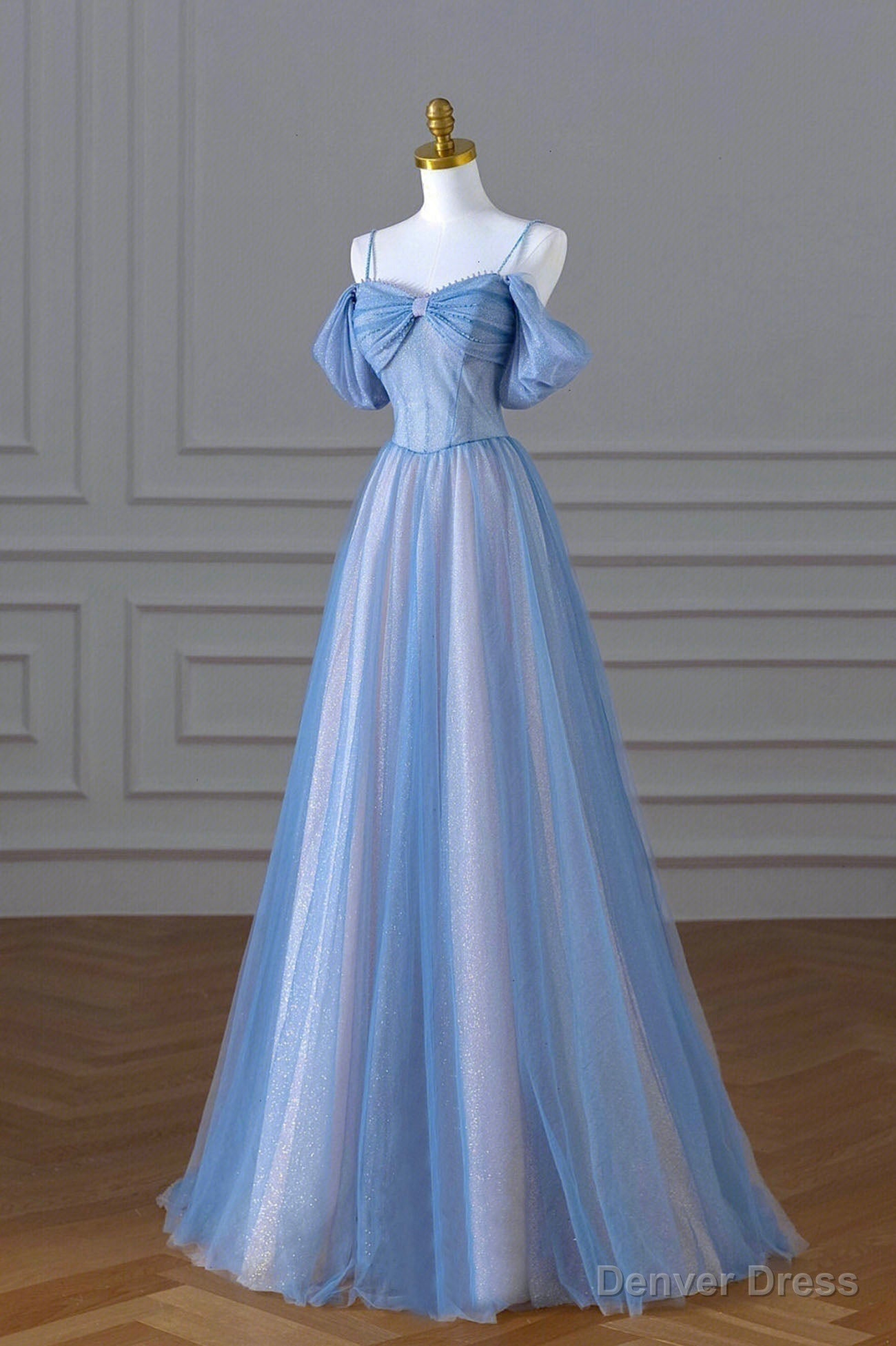 Blue Spaghetti Strap Tulle Floor Length Prom Dress, A-Line Evening Dress Main image