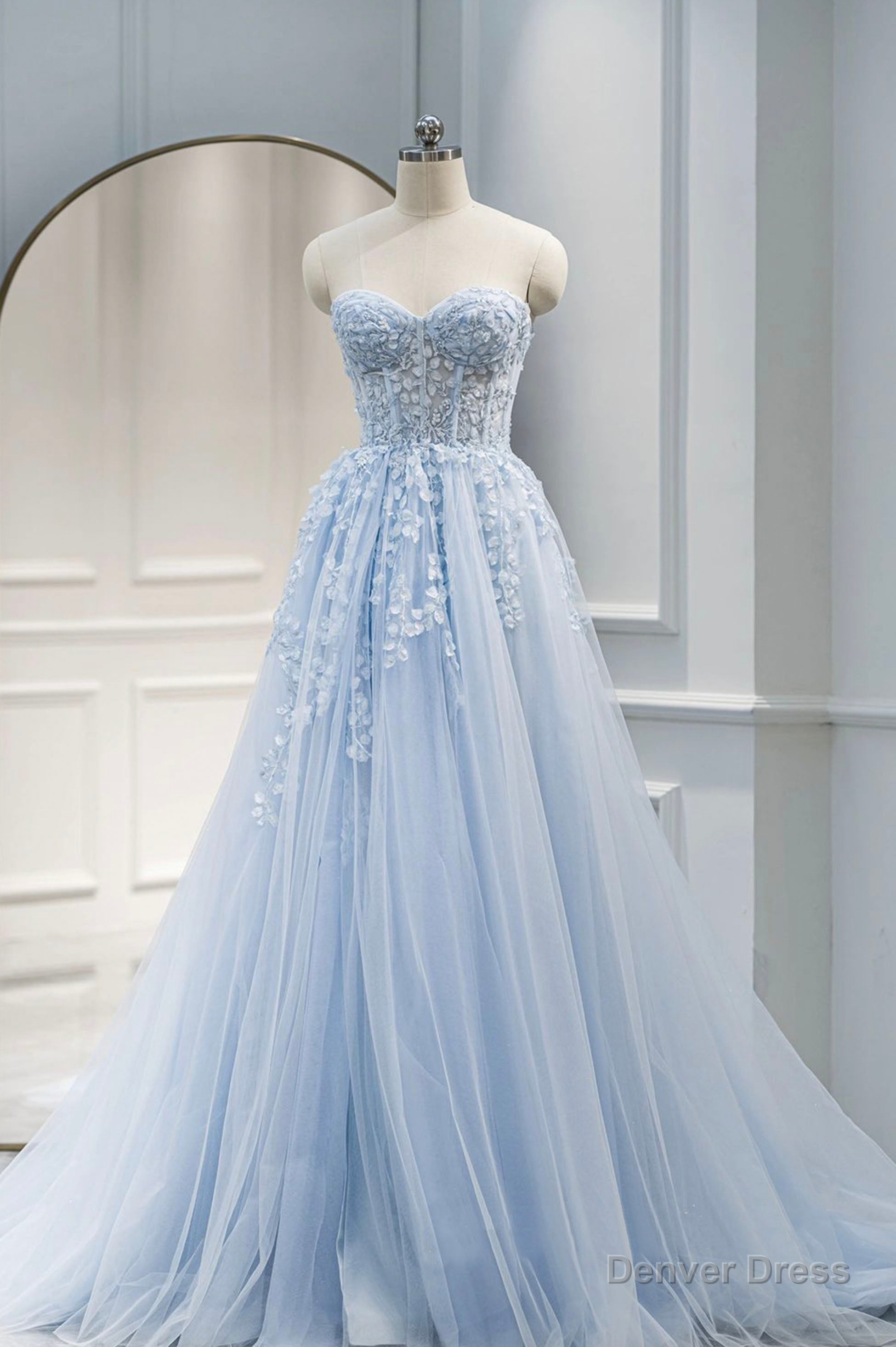 Blue Sweetheart Neck Lace Floor Length Prom Dress, Lovely Blue Evening Dress Main image