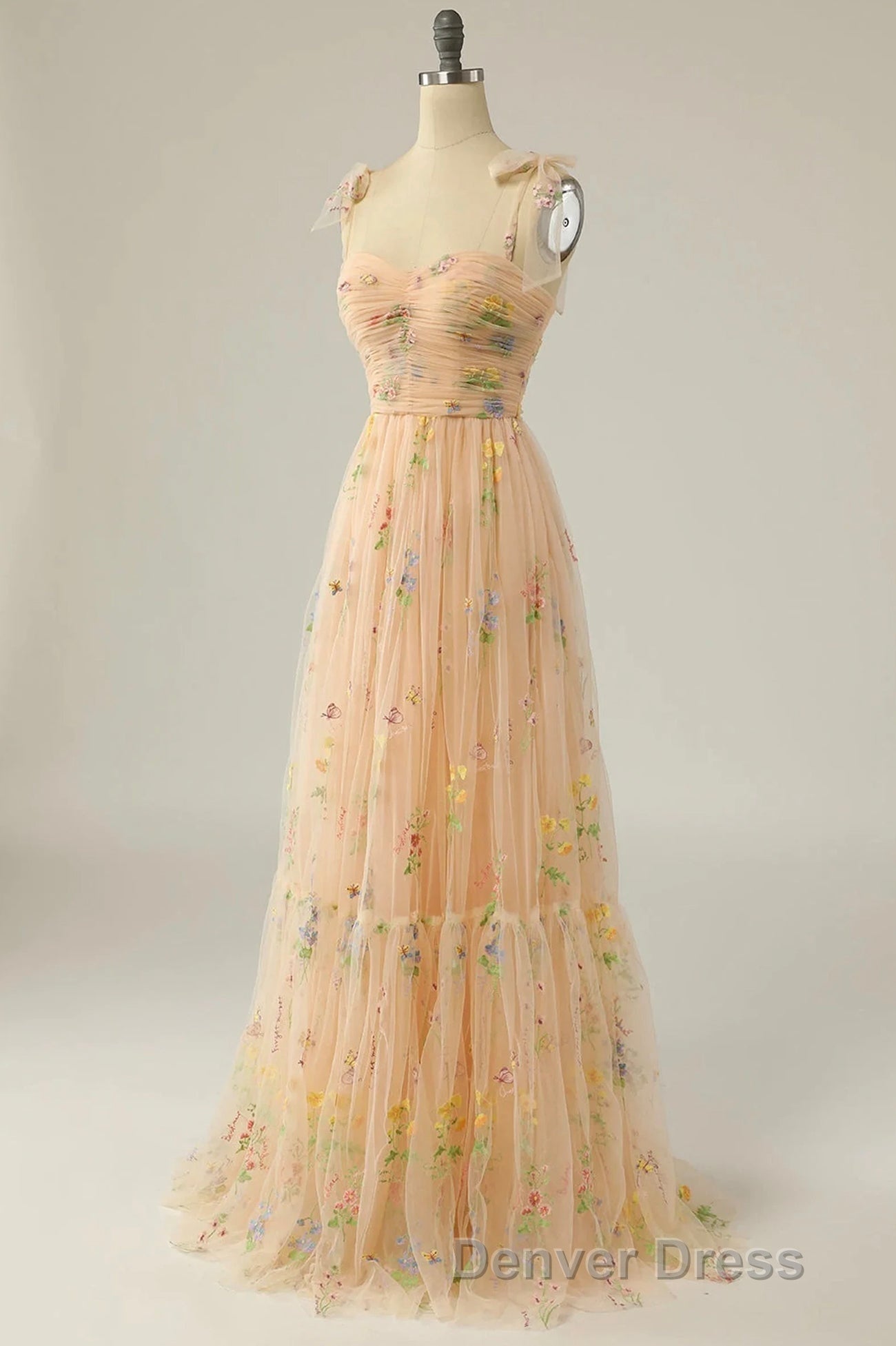 Champagne Lovely Tulle Lace Long Prom Dress, Champagne Prom Dresses