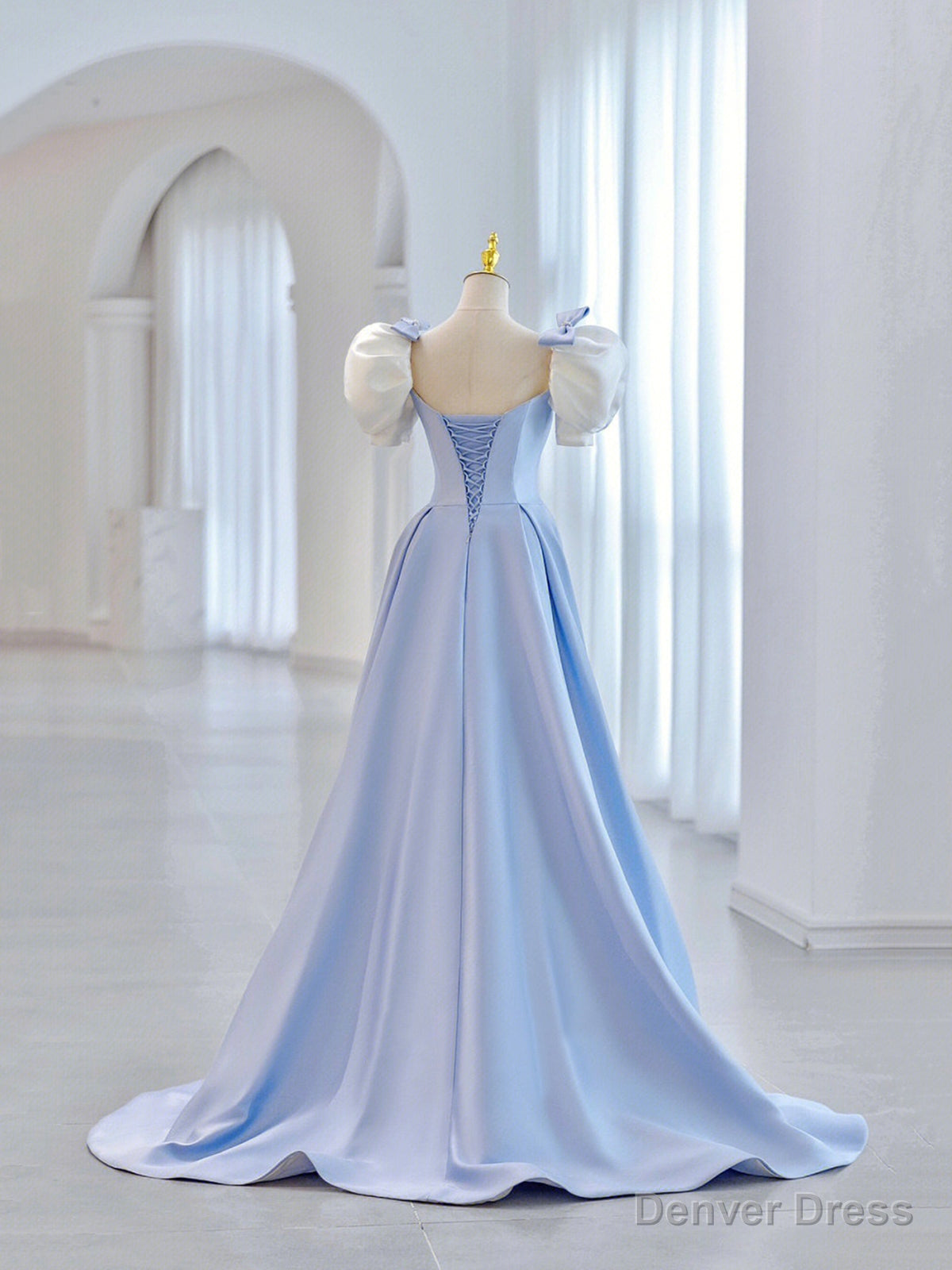 Blue Short Sleeve Saitn Formal Evening Dress, Cute A-Line Junior Prom Dress Secondary image