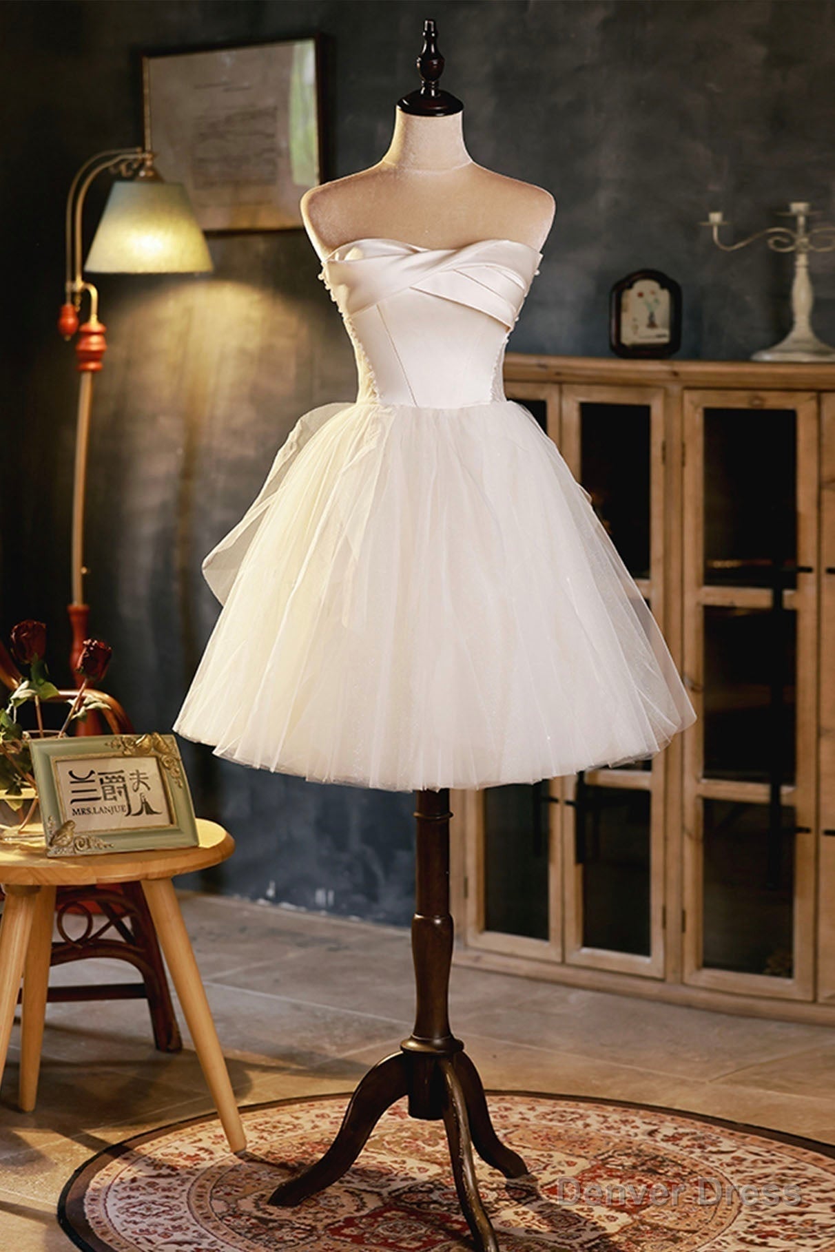 Champagne A Line Strapless Prom Dress, Short Homecoming Dresses