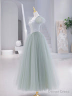Green Tulle Floor Length Prom Dress, Green Short Sleeve Evening Party Dress
