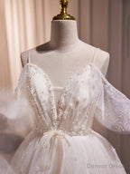 Ivory V Neck Beaded Straps Prom Dress, Ivory Knee Length Prom Dresses