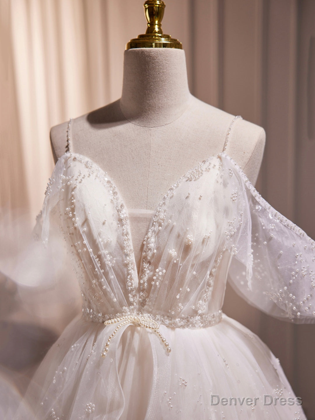 Ivory V Neck Beaded Straps Prom Dress, Ivory Knee Length Prom Dresses