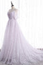 Lovely V-Neck Floral Tulle Long Prom Dress, Lavender A Line Evening Party Dress