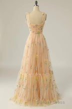 Champagne Lovely Tulle Lace Long Prom Dress, Champagne Prom Dresses