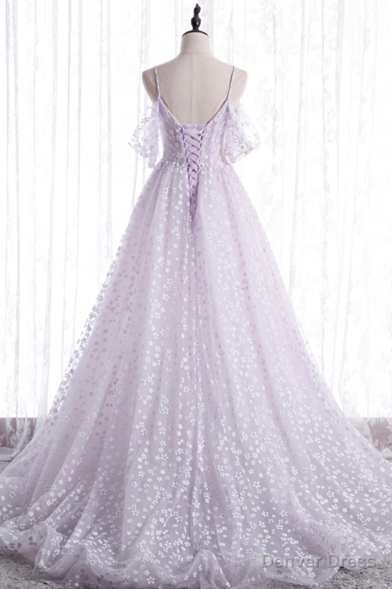 Lovely V-Neck Floral Tulle Long Prom Dress, Lavender A Line Evening Party Dress Secondary image