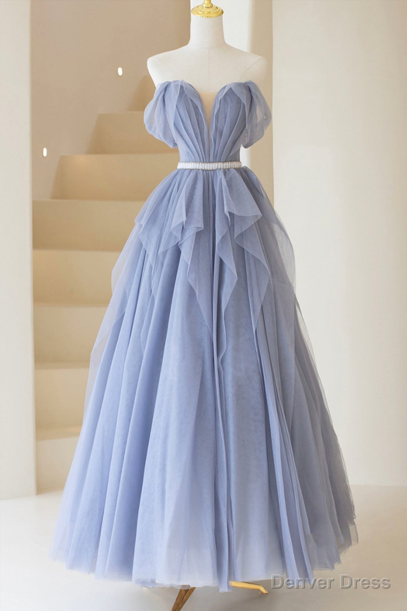 Blue Off Shoulder Tulle Long Formal Dress, A-Line Blue Evening Dress Main image