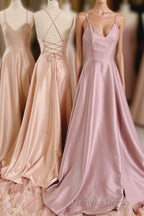 Simple V-Neck Satin Long Prom Dresses, A-Line Backless Evening Dresses