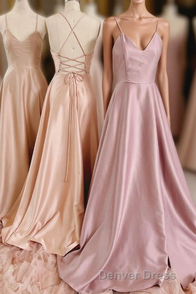 Simple V-Neck Satin Long Prom Dresses, A-Line Backless Evening Dresses