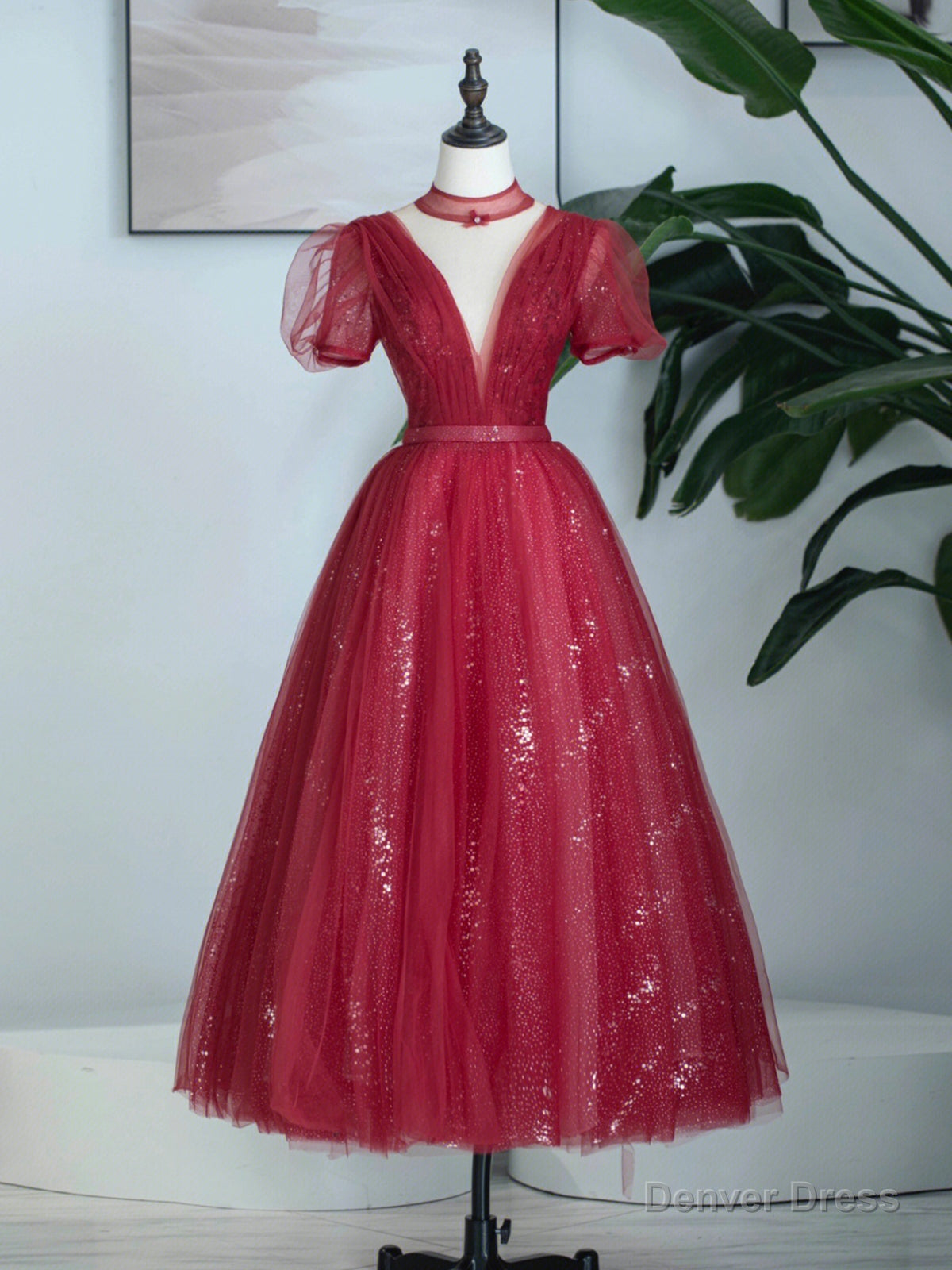 Burgundy Tulle Sequins Tea Length Prom Dress, A-Line Evening Party Dress Main image