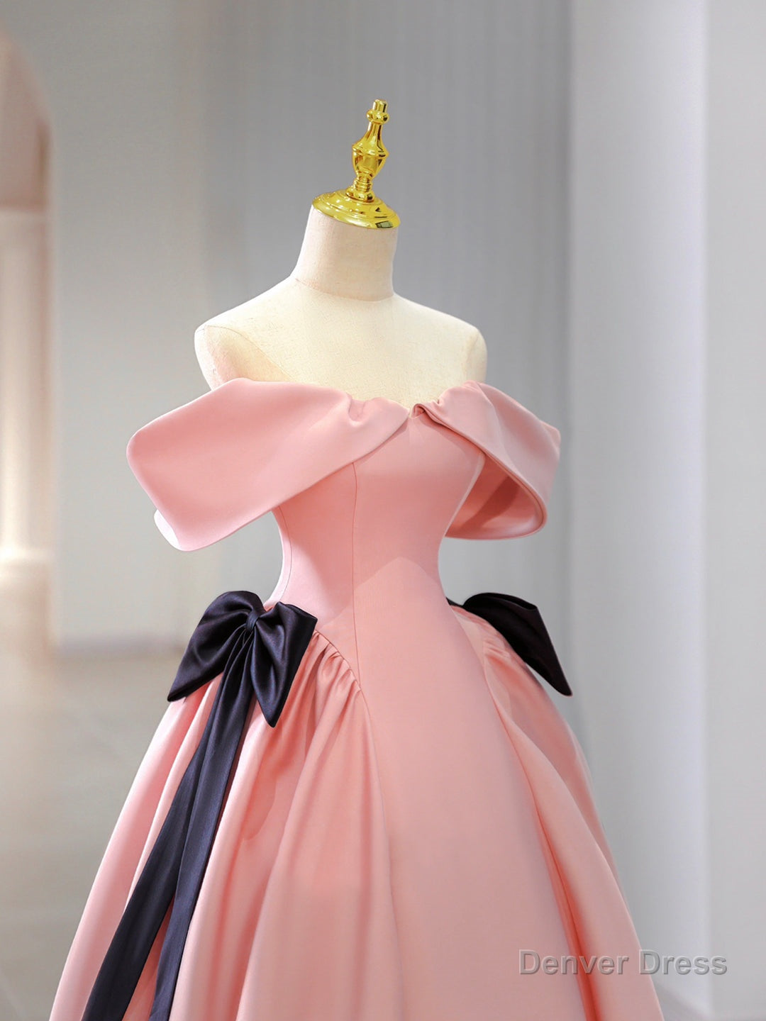 Pink Satin Floor Length Prom Dress, Off Shoulder Prom Dresses