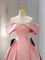 Pink Satin Floor Length Prom Dress, Off Shoulder Prom Dresses