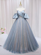 Blue Puff Sleeve Long A-Line Prom Dress, Off the Shoulder Formal Evening Dress