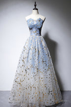 Blue Strapless Ombre Tulle Long Prom Dress, A Line Prom Dresses